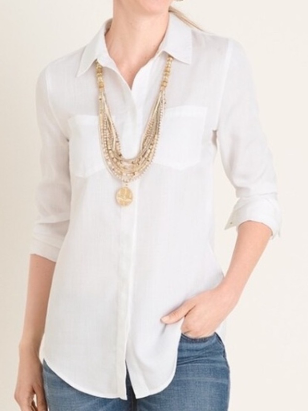Chico's White Denim 
 Lyocell No Stain NWT Button Down